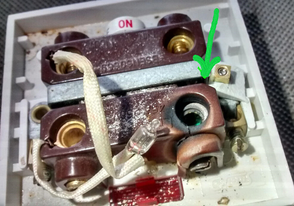 Damaged wiring in fuse box in Antrim, Northern Ireland.