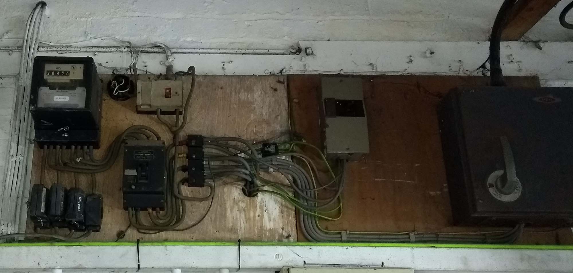 Fuse board on wooden box before in Antrim, Northern Ireland.