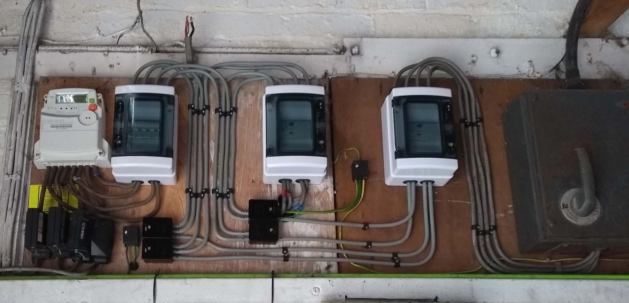 New Fuse boards on wooden box after in Antrim, Northern Ireland.