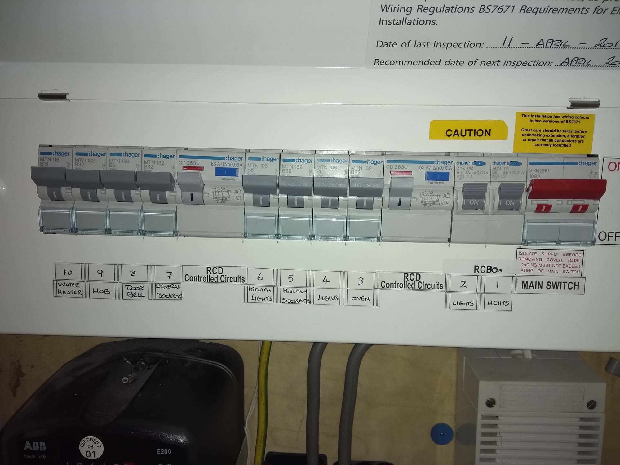 Fuse board with switches all on in Antrim, Northern Ireland.
